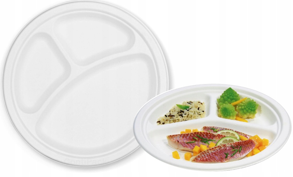 d8e73818-2a8a-430f-a9dc-eb895f9dea42.jpeg Talerze z trzciny cukrowej 3- dzielny ECO talerz obiadowy mocny 26cm 50szt - obrazek 1
